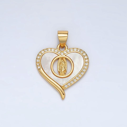 24k gold filled guadalupe shell pearl cz paved heart pendant | ah-182