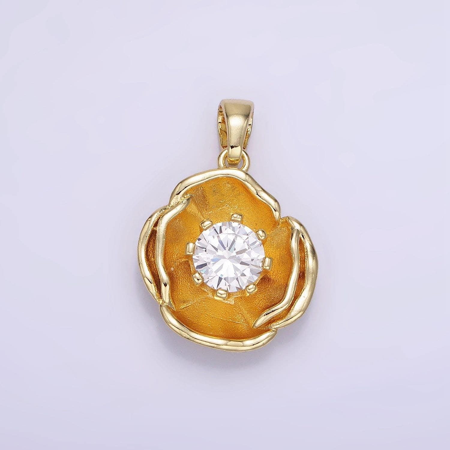 14k gold filled 25mm clear cz hammered dome petal flower pendant | ah-154