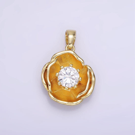 14k gold filled 25mm clear cz hammered dome petal flower pendant | ah-154