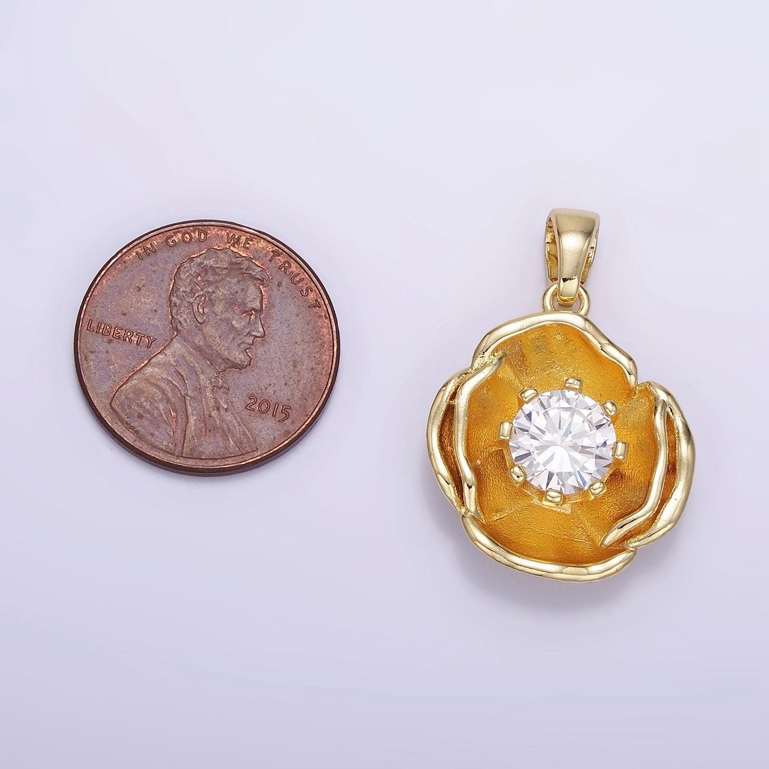 14k gold filled 25mm clear cz hammered dome petal flower pendant | ah-154