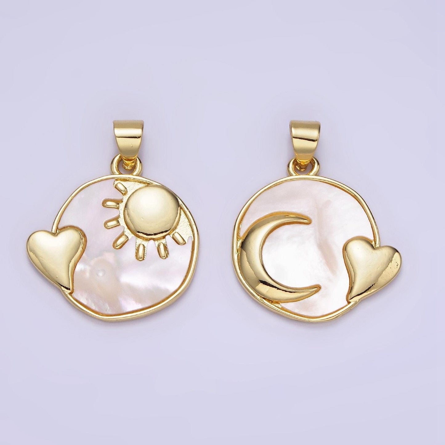 24k gold filled pearl sun heart round disc coin charm celestial love moon heart pendant for minimalist jewelry design | ah-153