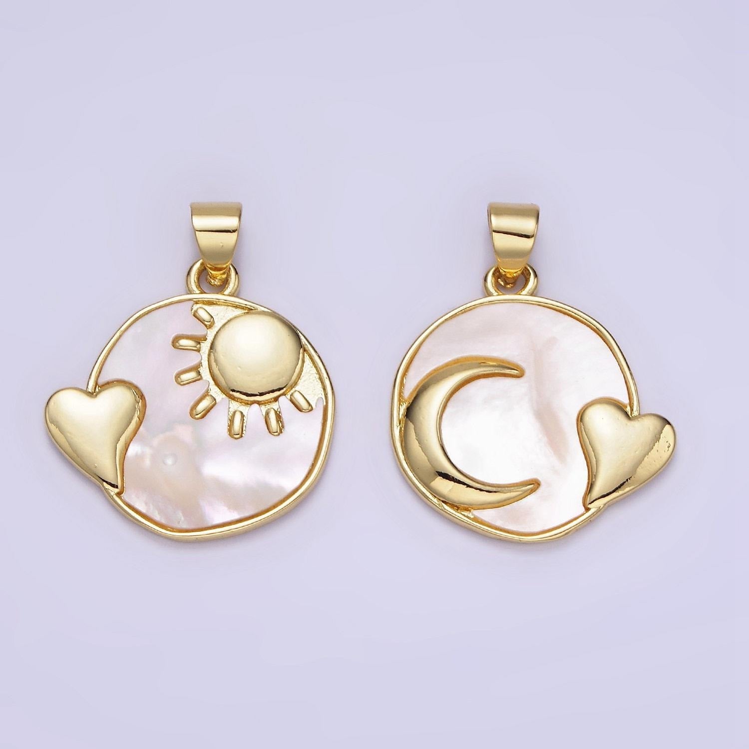 24k gold filled pearl sun heart round disc coin charm celestial love moon heart pendant for minimalist jewelry design | ah-153