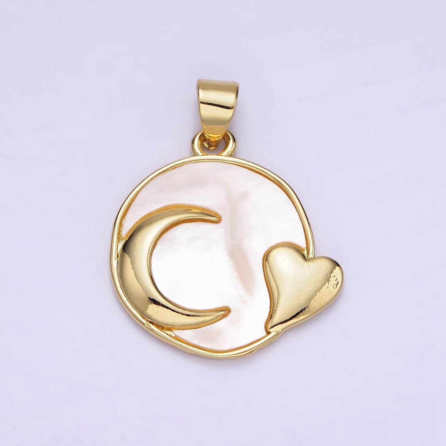 24k gold filled pearl sun heart round disc coin charm celestial love moon heart pendant for minimalist jewelry design | ah-153