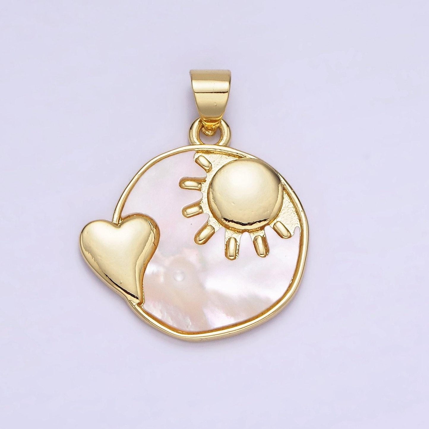 24k gold filled pearl sun heart round disc coin charm celestial love moon heart pendant for minimalist jewelry design | ah-153