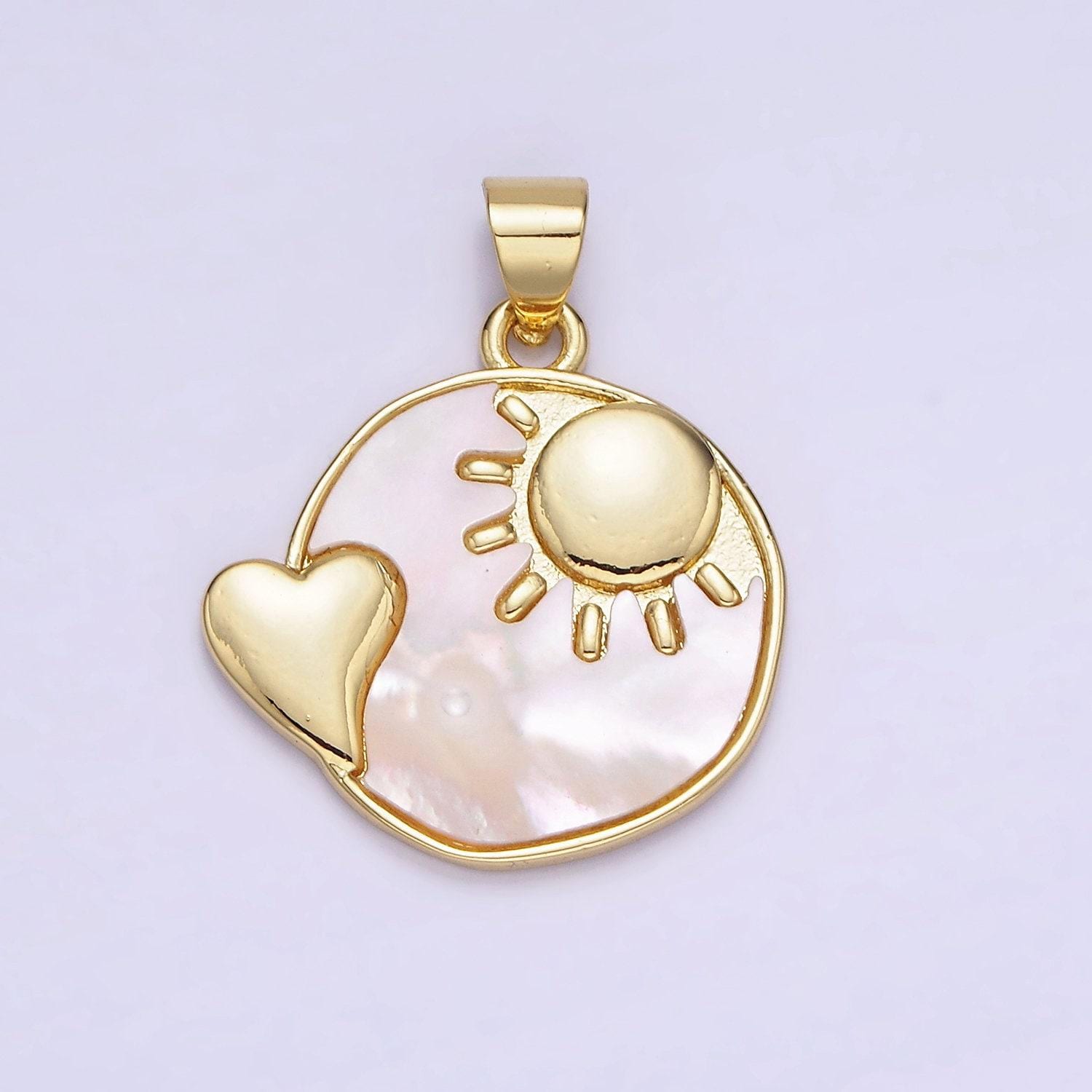 24k gold filled pearl sun heart round disc coin charm celestial love moon heart pendant for minimalist jewelry design | ah-153
