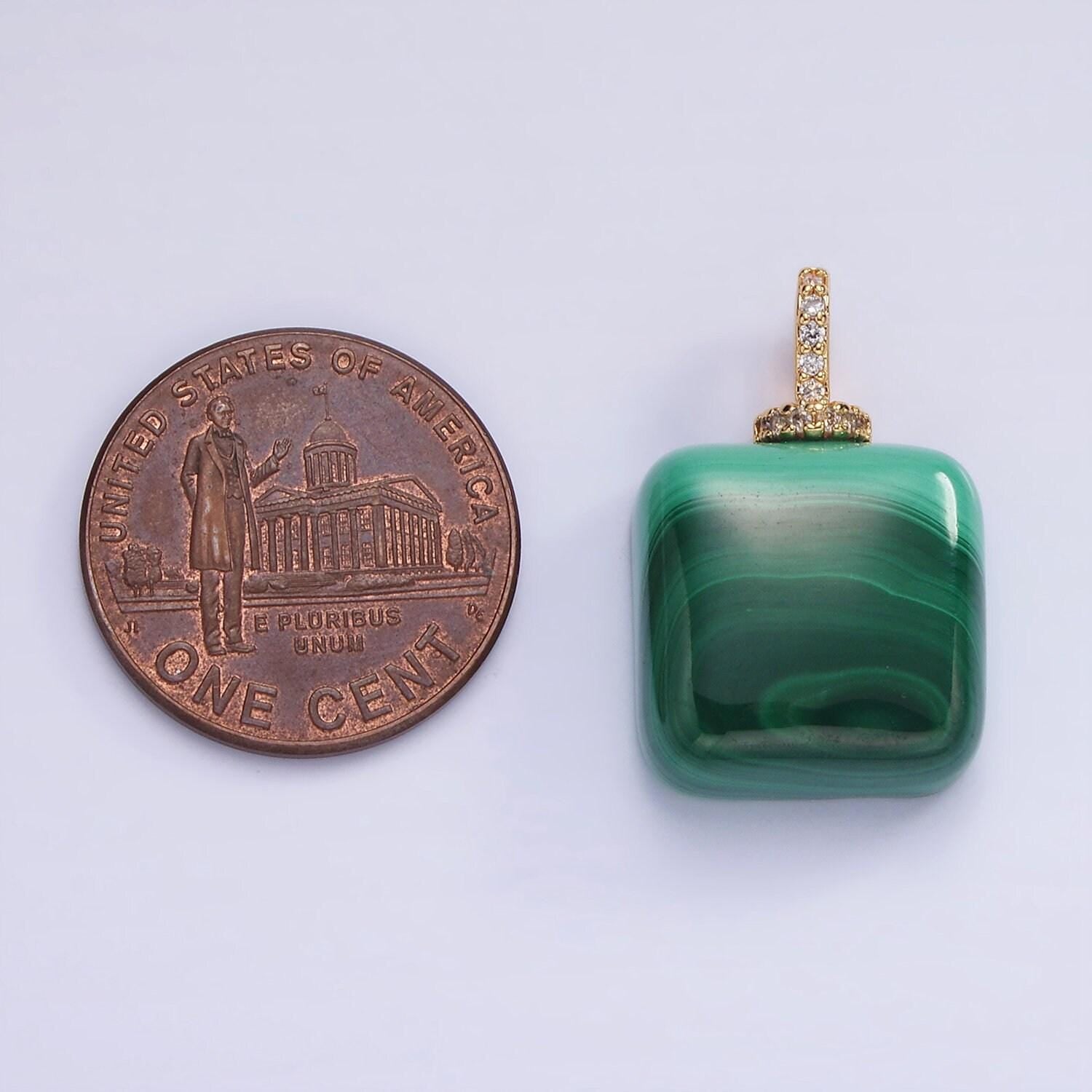 14k gold filled 23mm malachite micro paved cz drill bail pendant | ah-135
