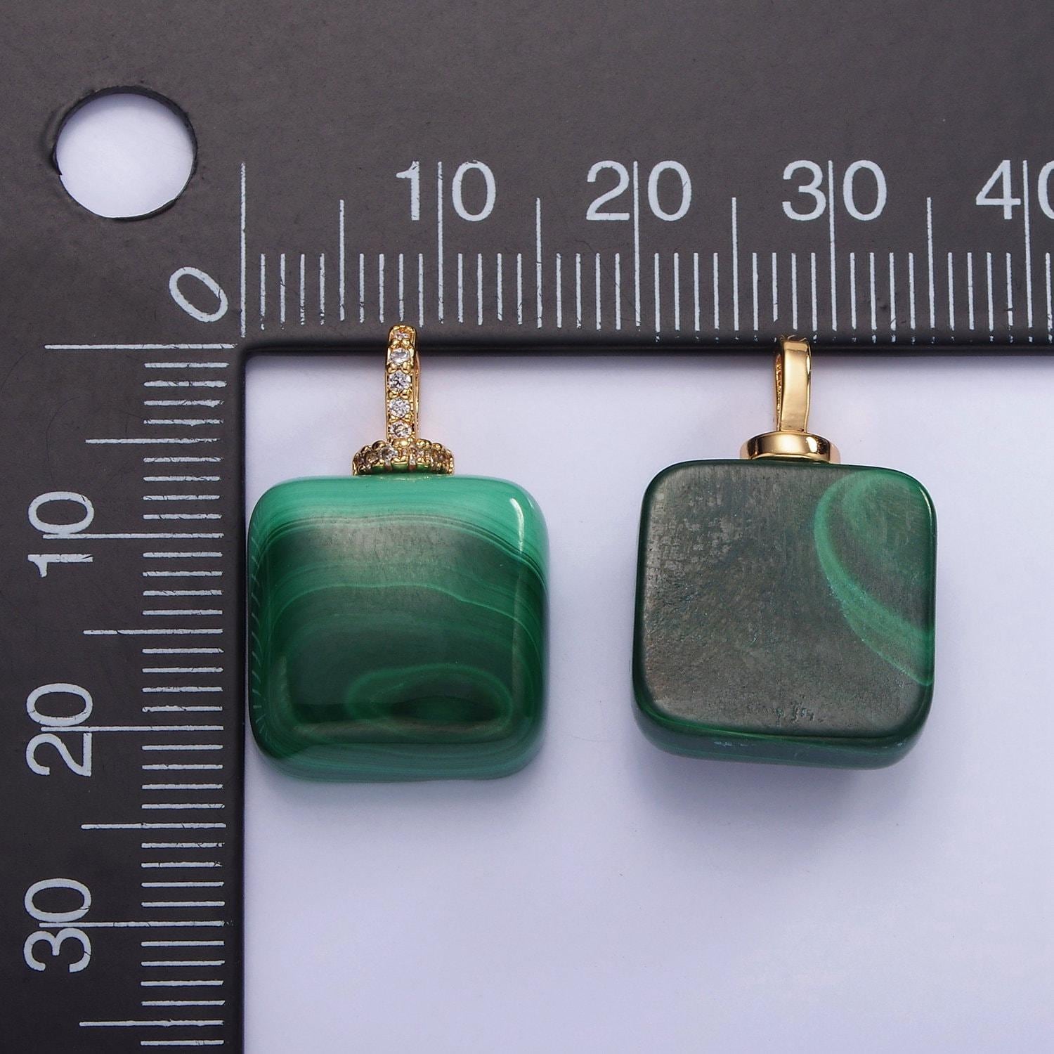 14k gold filled 23mm malachite micro paved cz drill bail pendant | ah-135