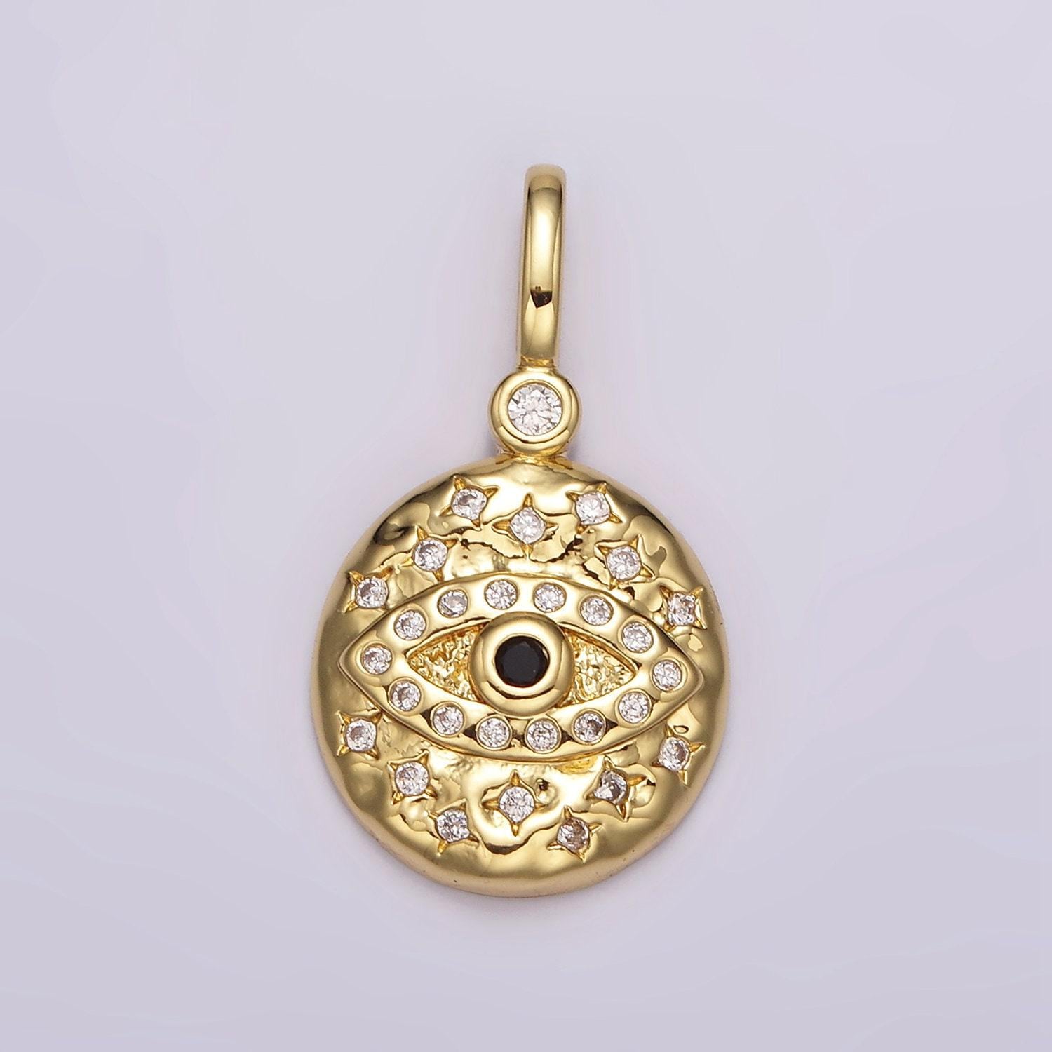 14k gold filled turquoise, black cz evil eye celestial star hammered round pendant | ah085 ah086