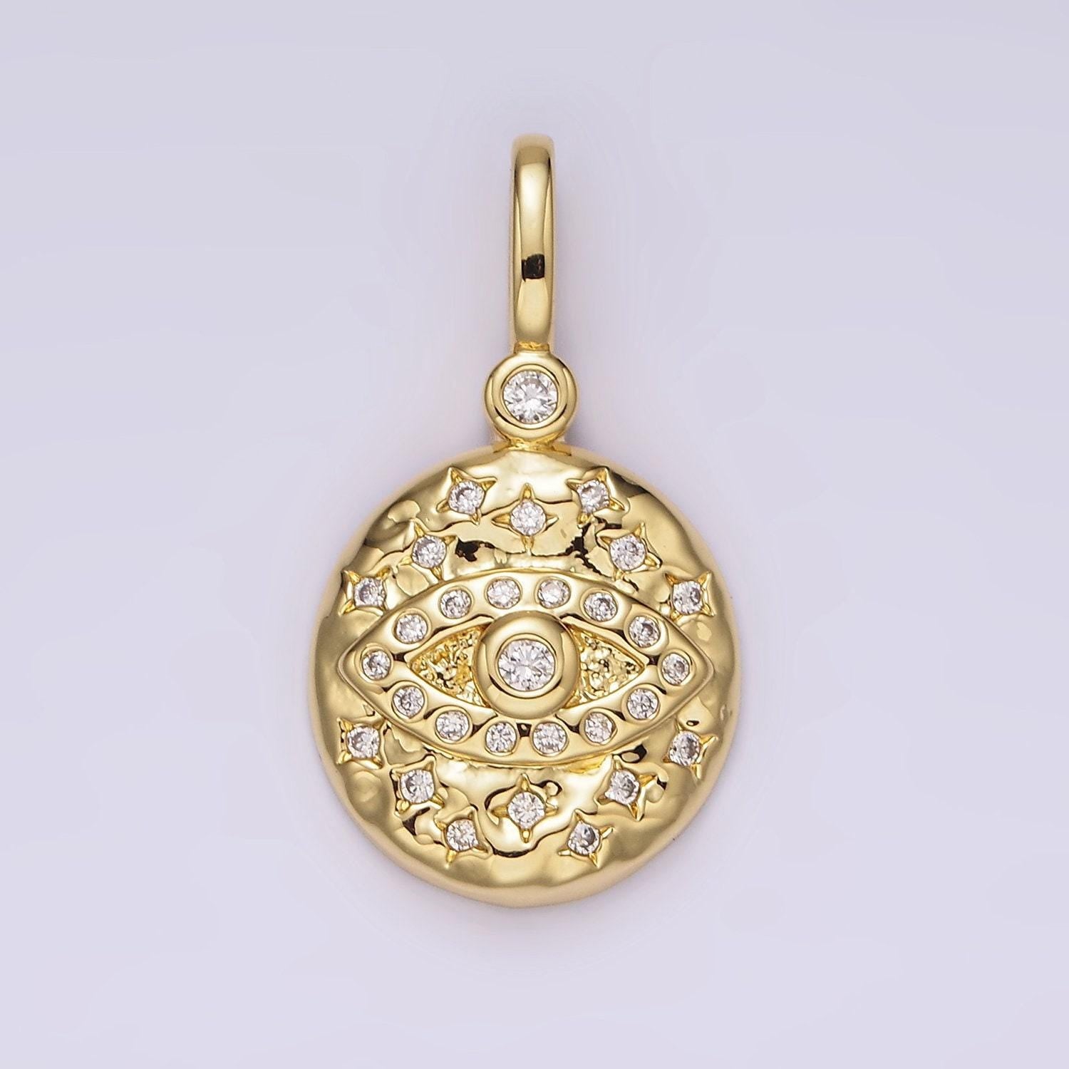 14k gold filled turquoise, black cz evil eye celestial star hammered round pendant | ah085 ah086