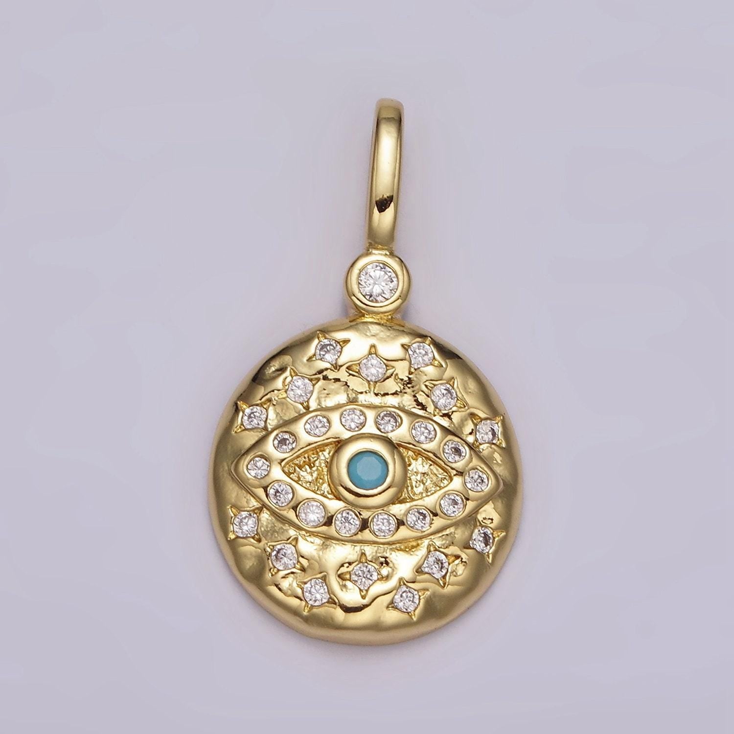 14k gold filled turquoise, black cz evil eye celestial star hammered round pendant | ah085 ah086