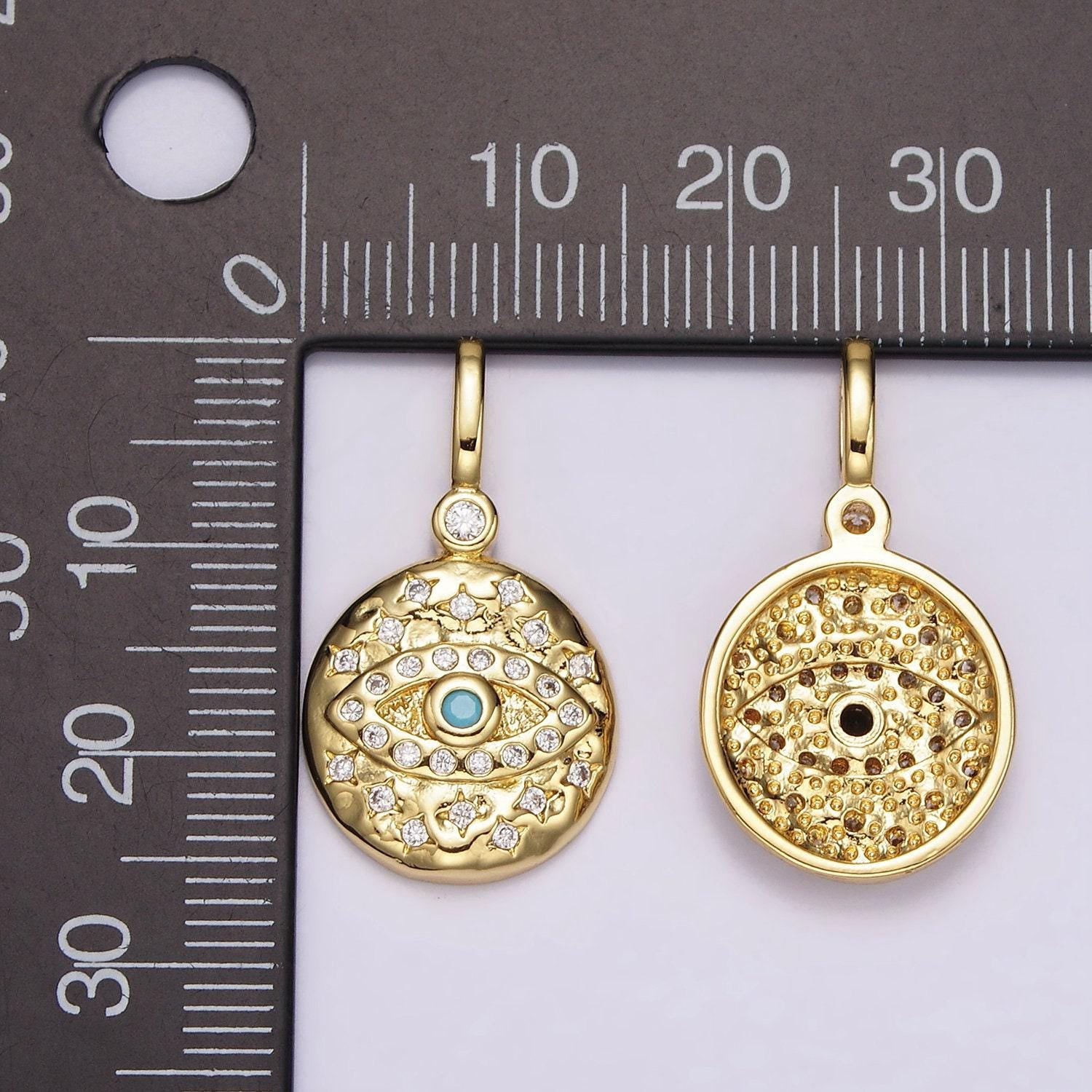 14k gold filled turquoise, black cz evil eye celestial star hammered round pendant | ah085 ah086