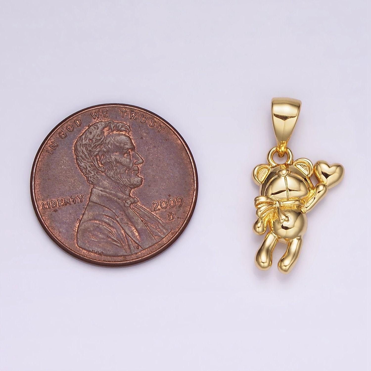 14k gold filled teddy bear animal scarf heart puffed pendant in gold & silver | ah126