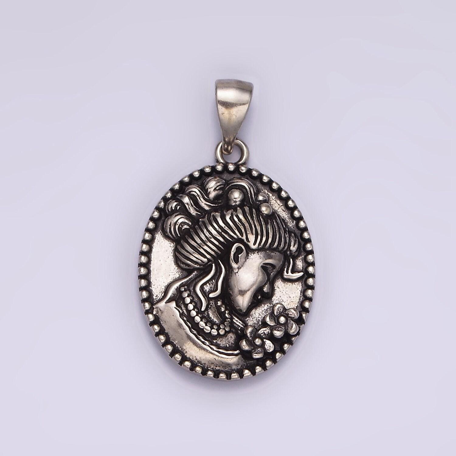 14k gold filled women flower portrait cameo double sided dotted oval pendant in gold & silver | ah125