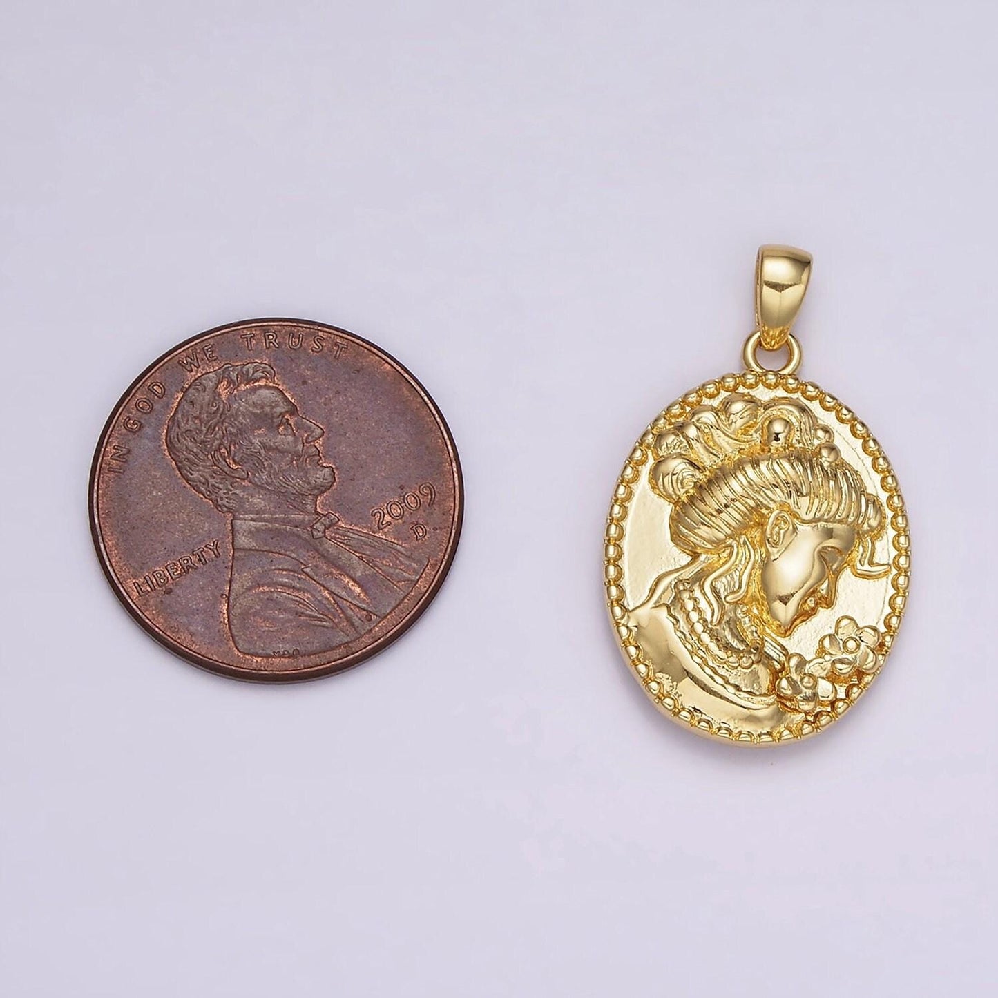 14k gold filled women flower portrait cameo double sided dotted oval pendant in gold & silver | ah125