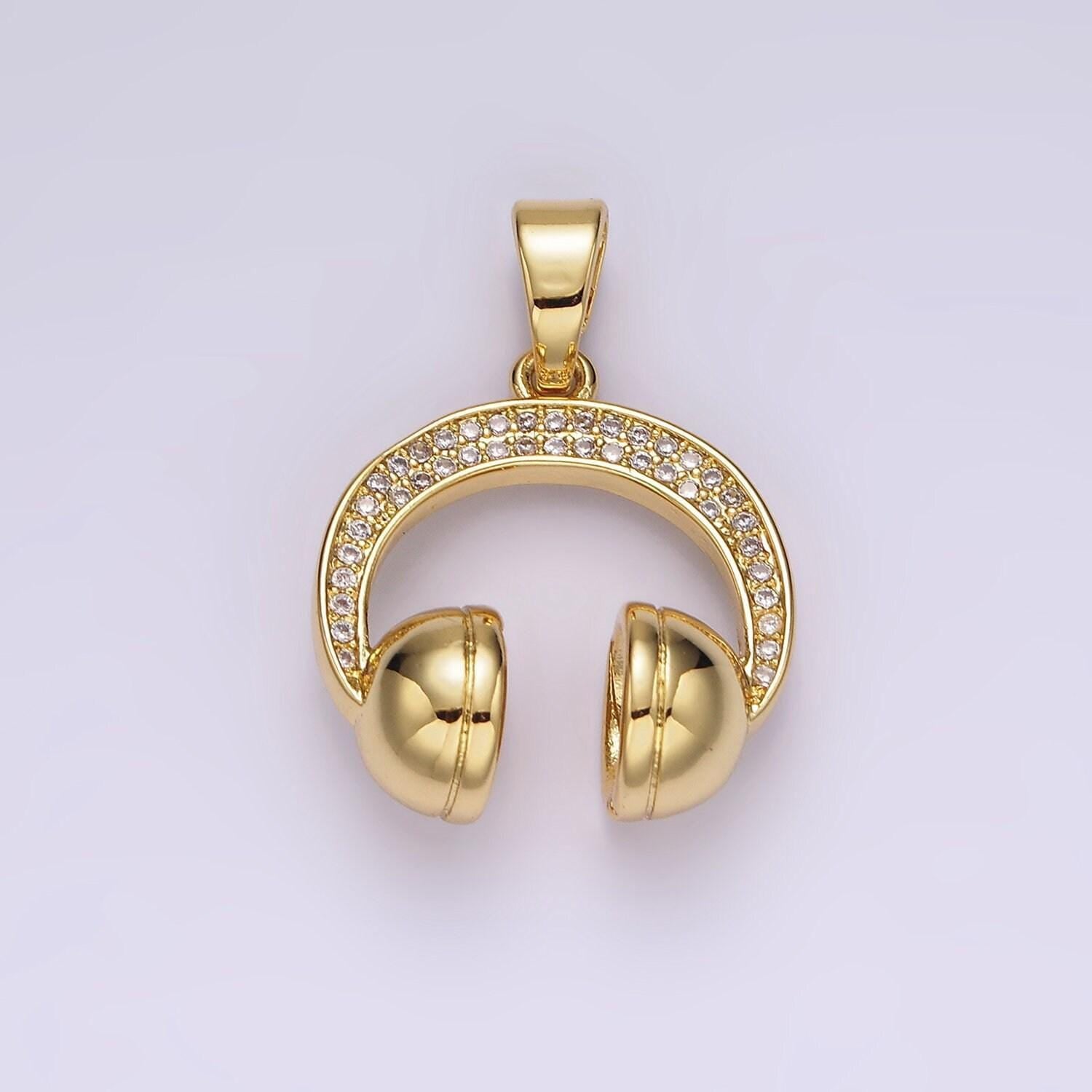 14k gold filled 25mm headphones headset micro paved cz pendant | ah120