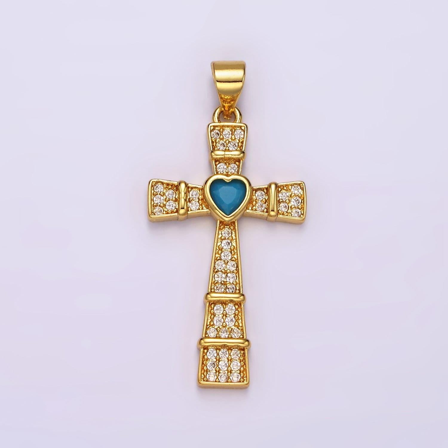 Cubic cross pendant 14k gold filled cross pendant necklace charm with turquoise cz heart stone for religious jewelry ah081