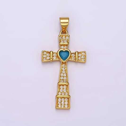 Cubic cross pendant 14k gold filled cross pendant necklace charm with turquoise cz heart stone for religious jewelry ah081