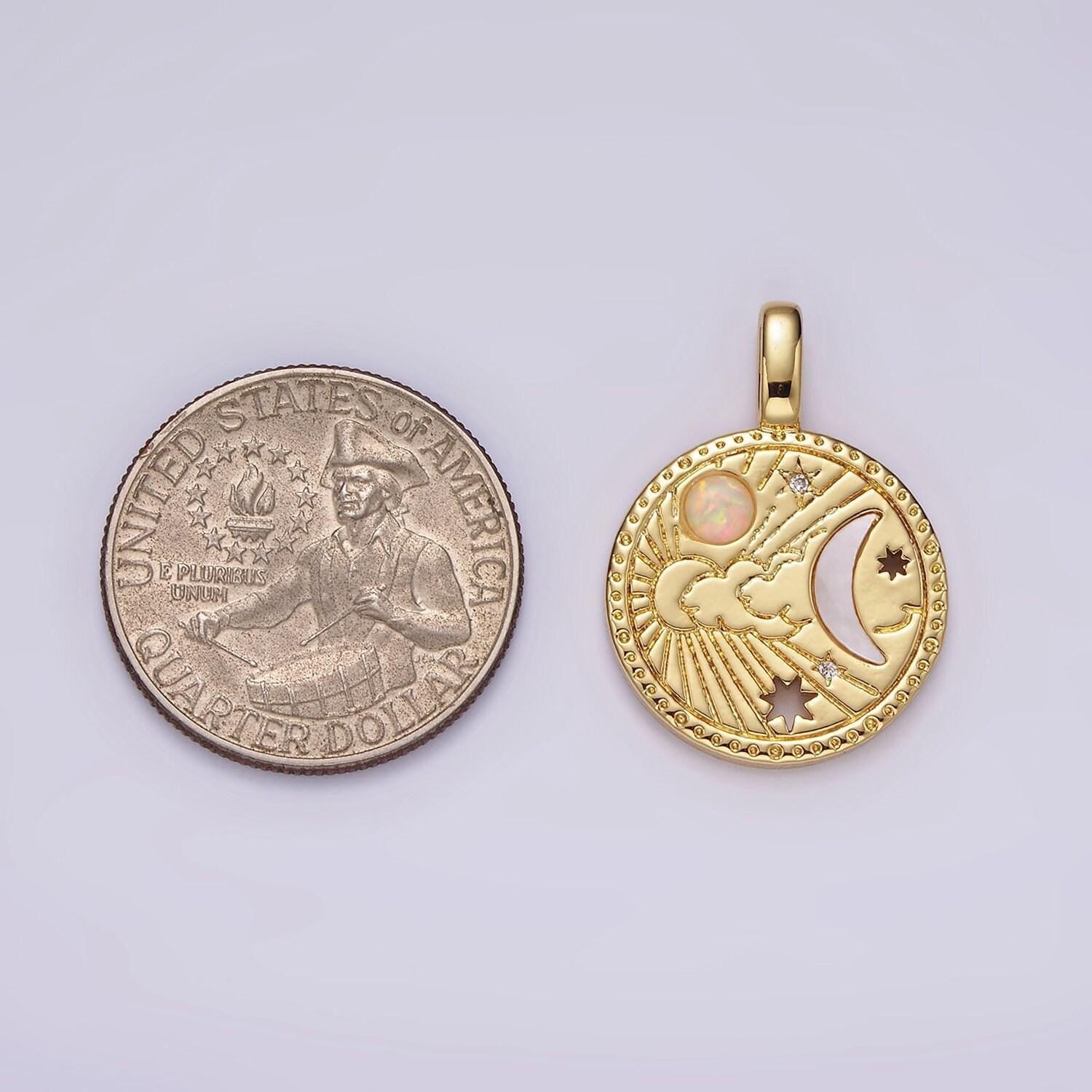 14k gold filled celestial sun shell pearl crescent moon cz open star white opal round charm | ah035