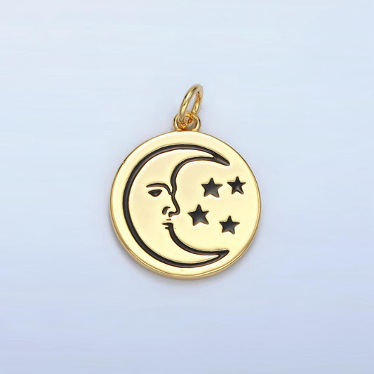 14k gold filled black moon face w/ stars round charm | ag-883