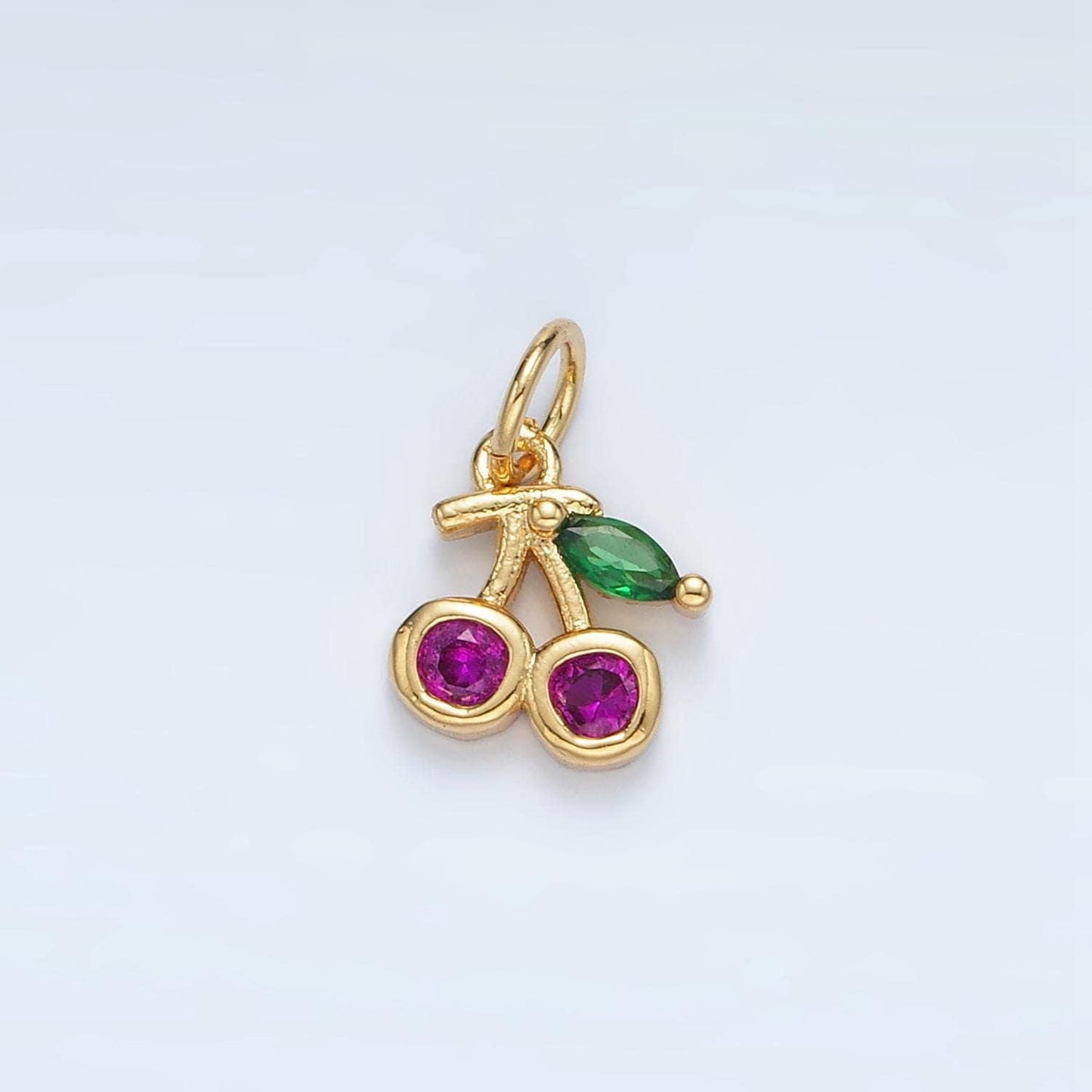 Tiny 24k gold filled fuchsia cherry marquise leaf cz fruit add-on charm | ag870