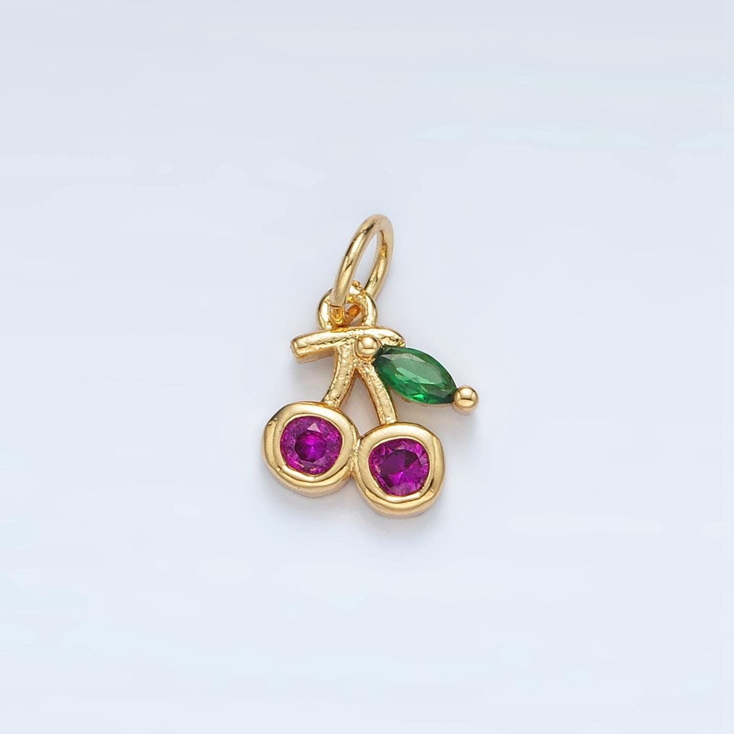 Tiny 24k gold filled fuchsia cherry marquise leaf cz fruit add-on charm | ag870