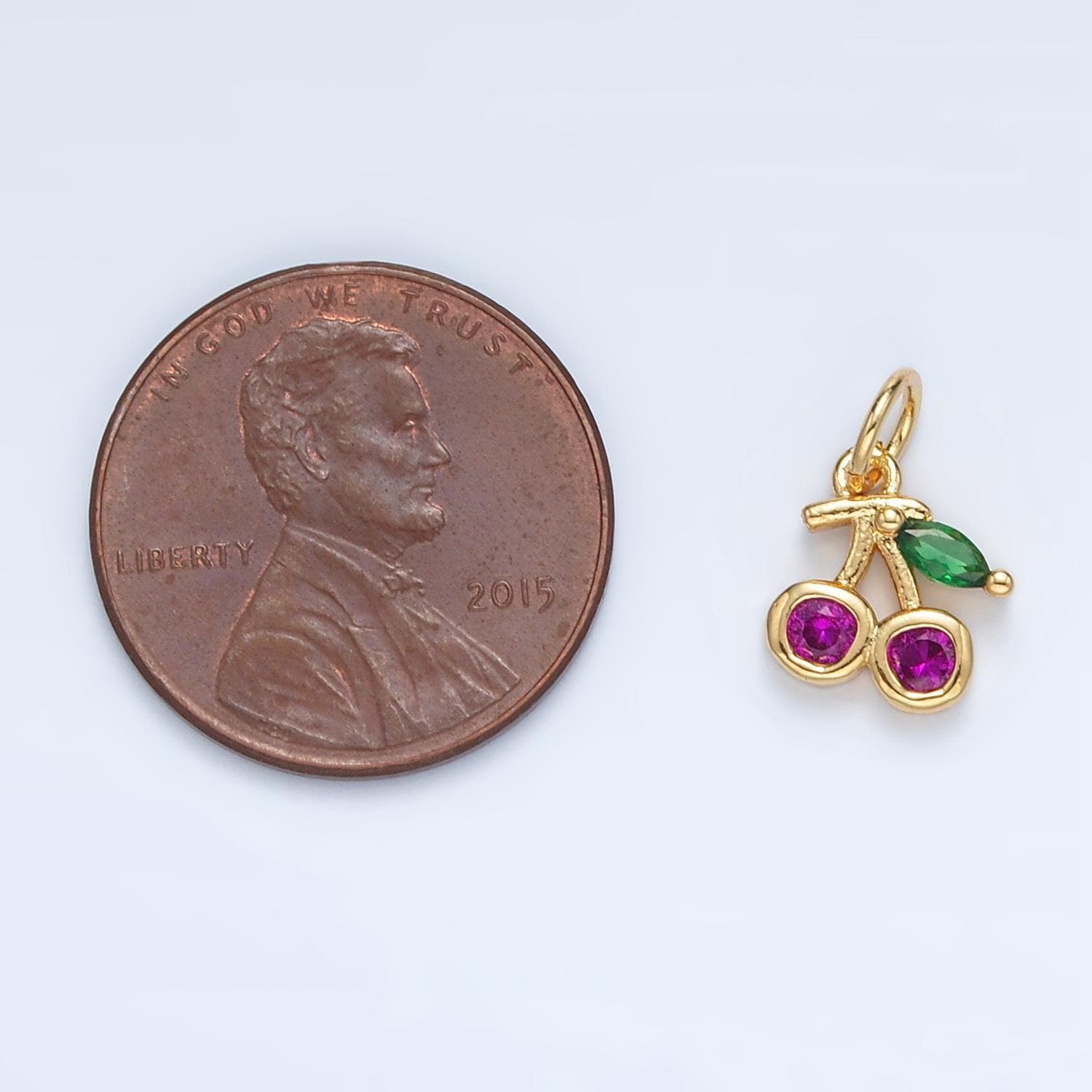 Tiny 24k gold filled fuchsia cherry marquise leaf cz fruit add-on charm | ag870