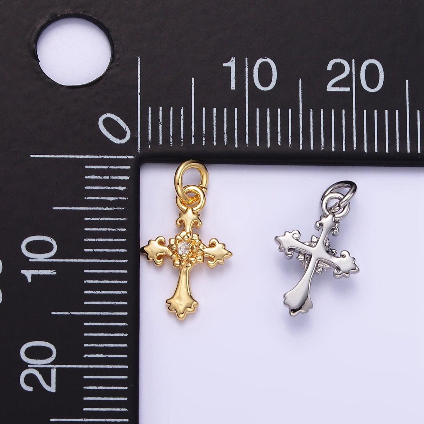 Mini gold cross pendant clear cubic zirconia victorian old english cross charm ag845