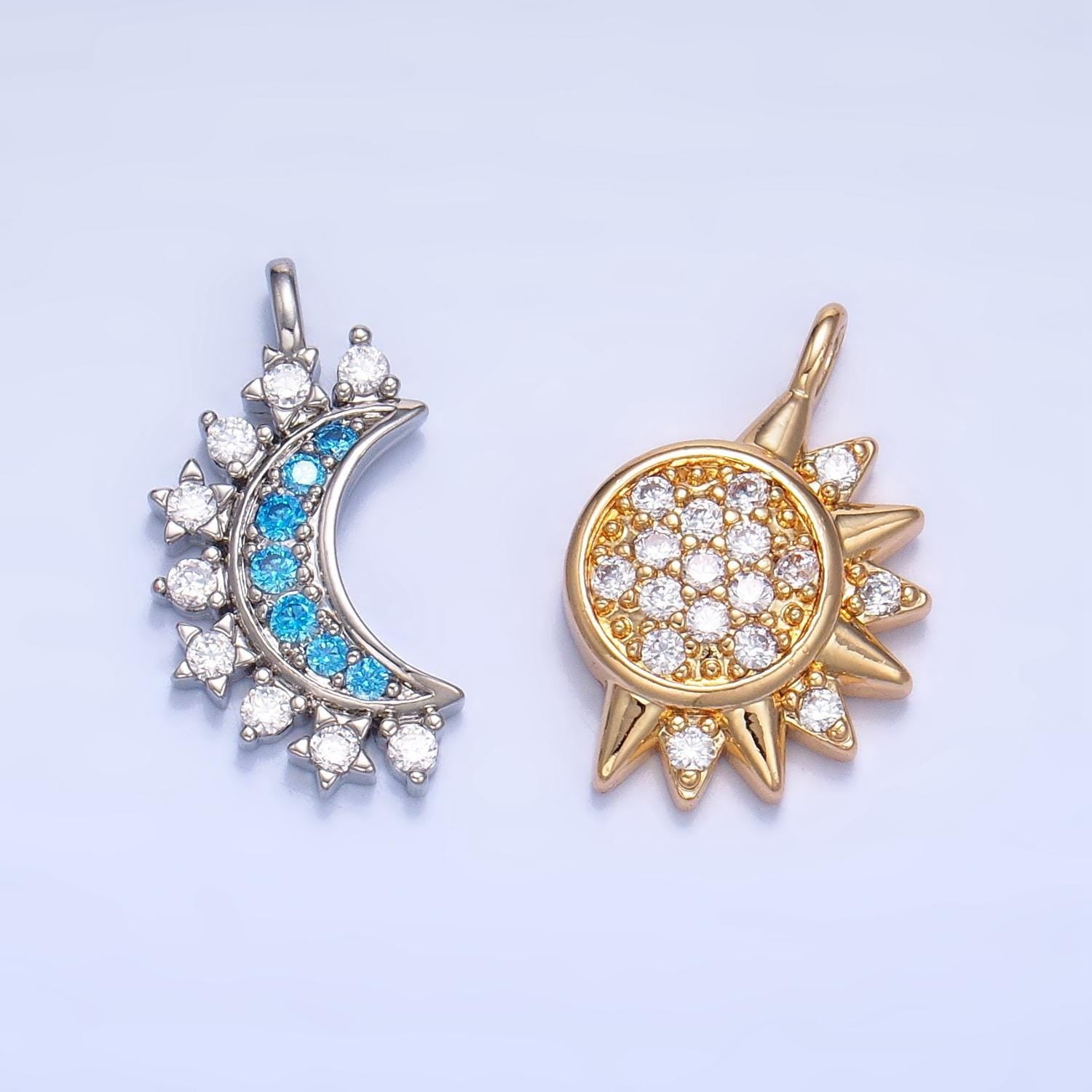 Cz micro paved celestial sun crescent moon 24k gold filled pendant set | ag-829