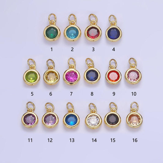 Round 26.6mm cz birthstone gold bezel charms | ag796-ag811