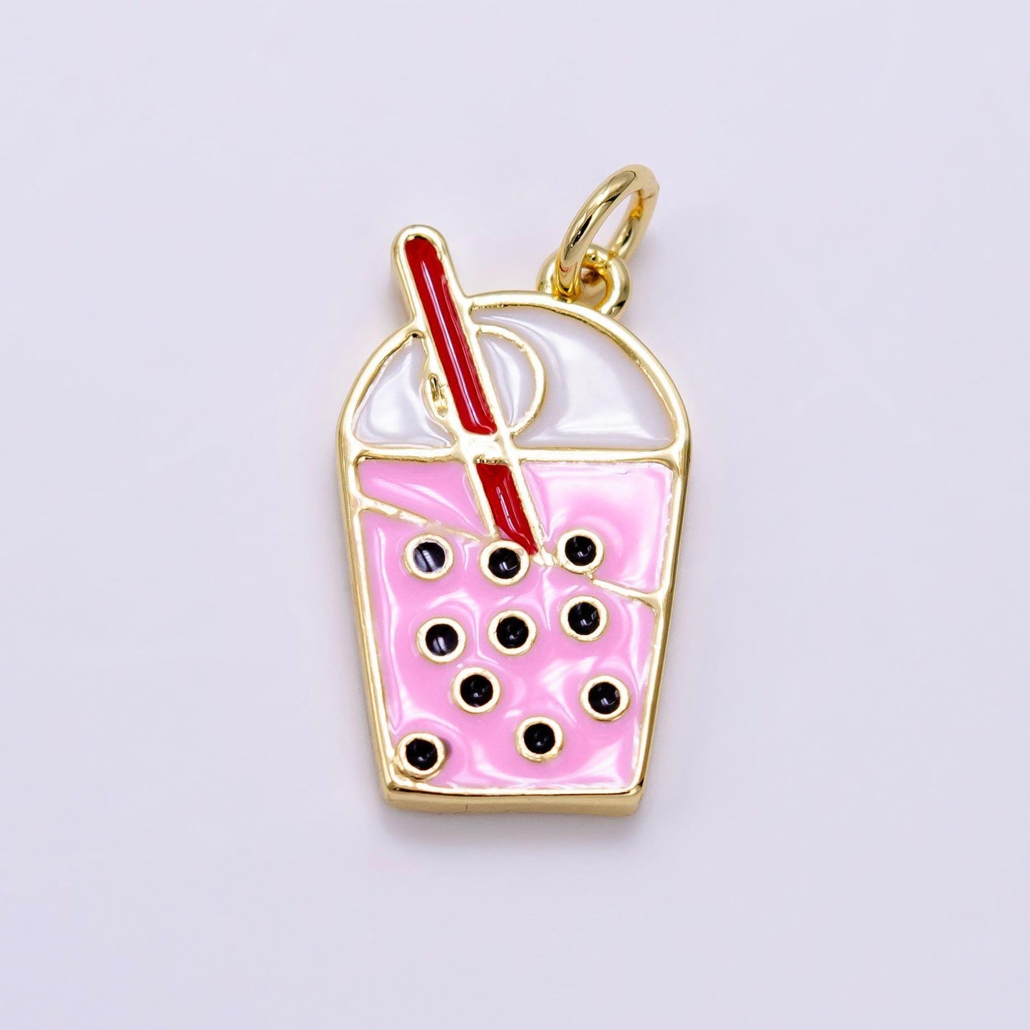14k gold filled bubble boba drink pink enamel charm strawberry milk tea inspired asian kawaii charm | ag755