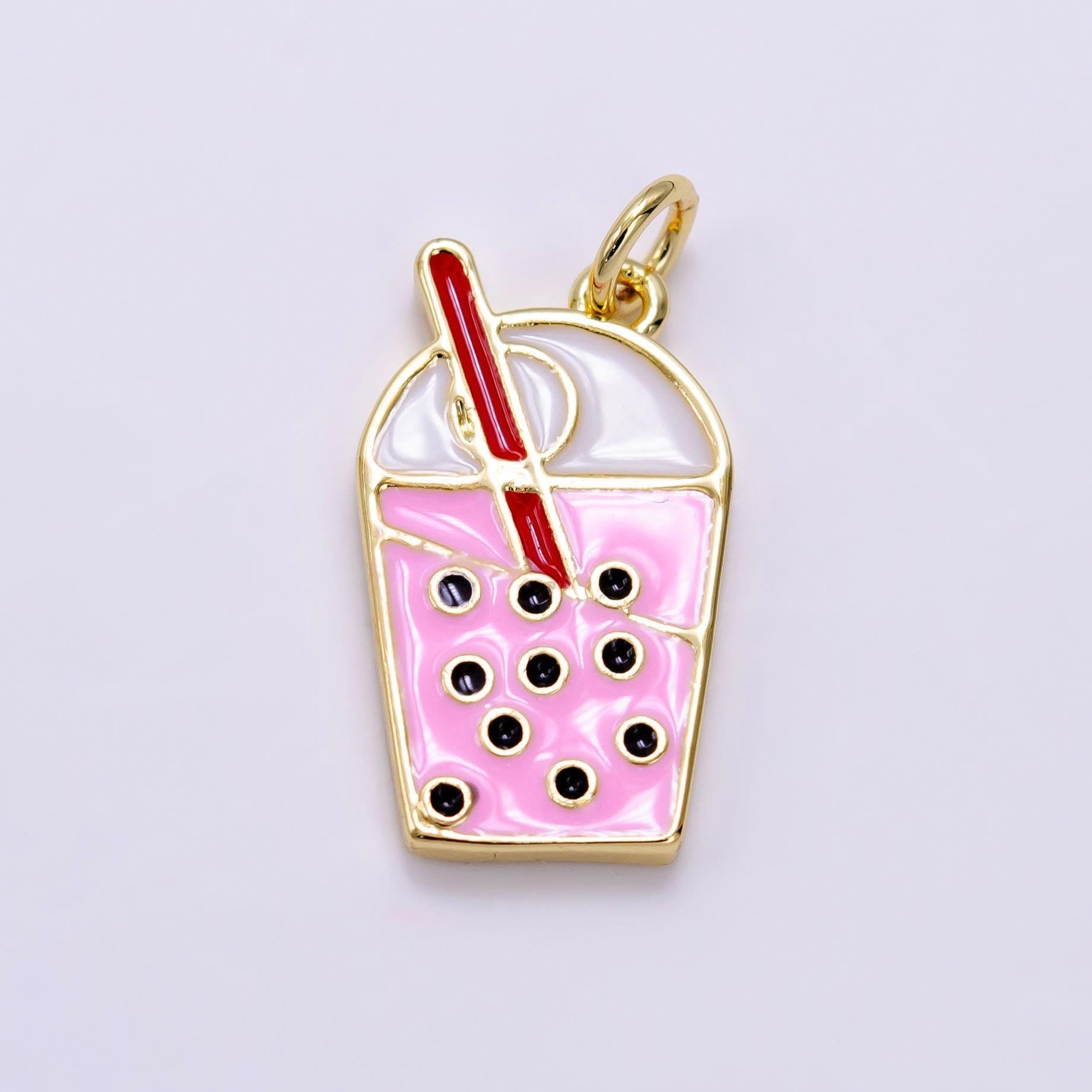 14k gold filled bubble boba drink pink enamel charm strawberry milk tea inspired asian kawaii charm | ag755
