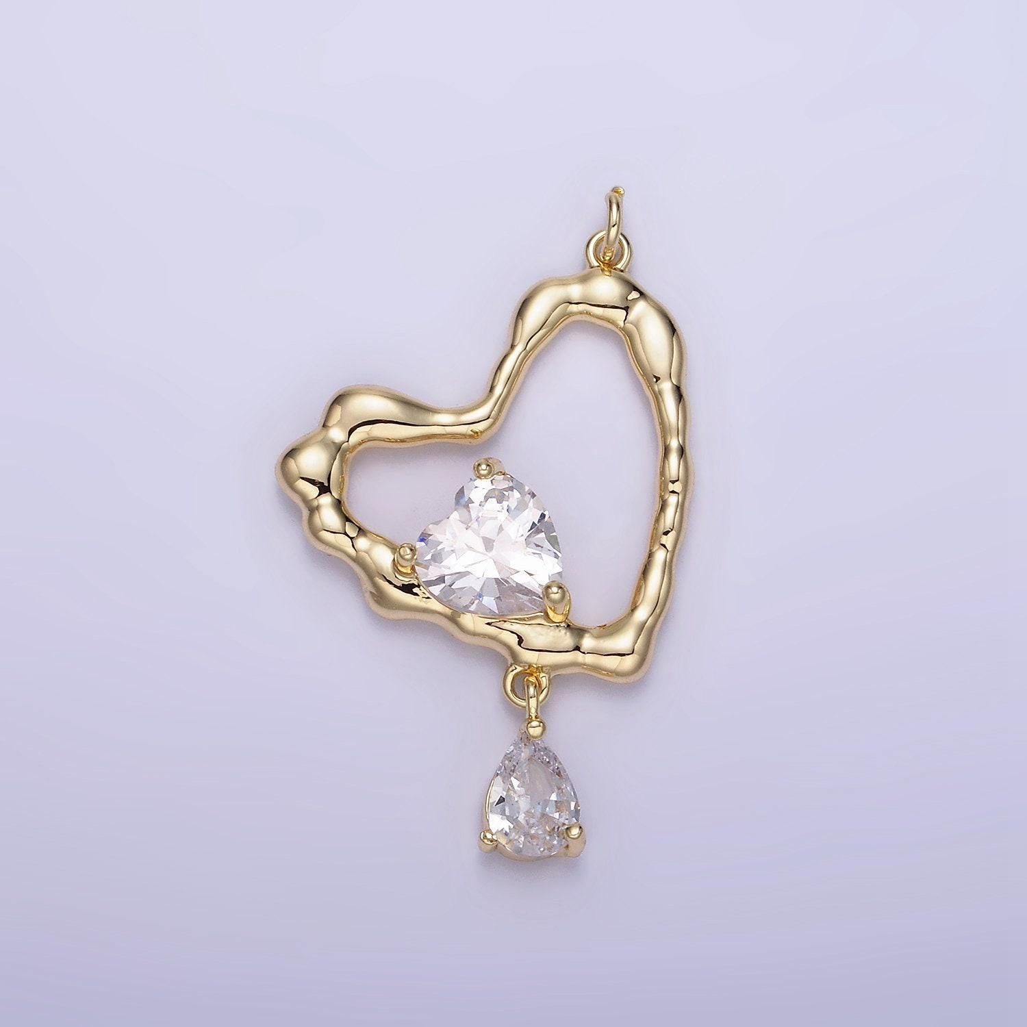 Rustic gold heart charm for necklace earring component open heart pendant with teardrop cz dangle charm minimalist jewelry supply ag-712