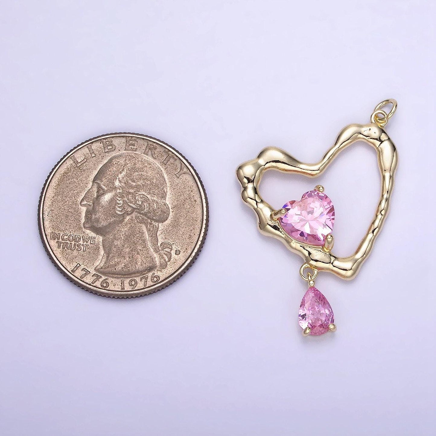 Rustic gold heart charm for necklace earring component open heart pendant with teardrop cz dangle charm minimalist jewelry supply ag-712