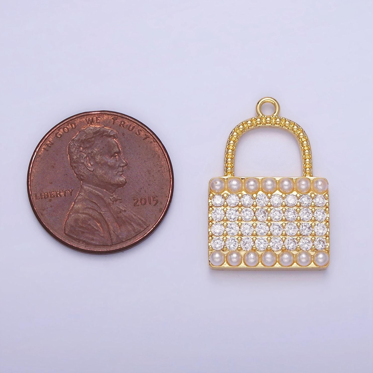 14k gold filled micro paved cz pearl lined padlock charm in gold & silver | ag-691