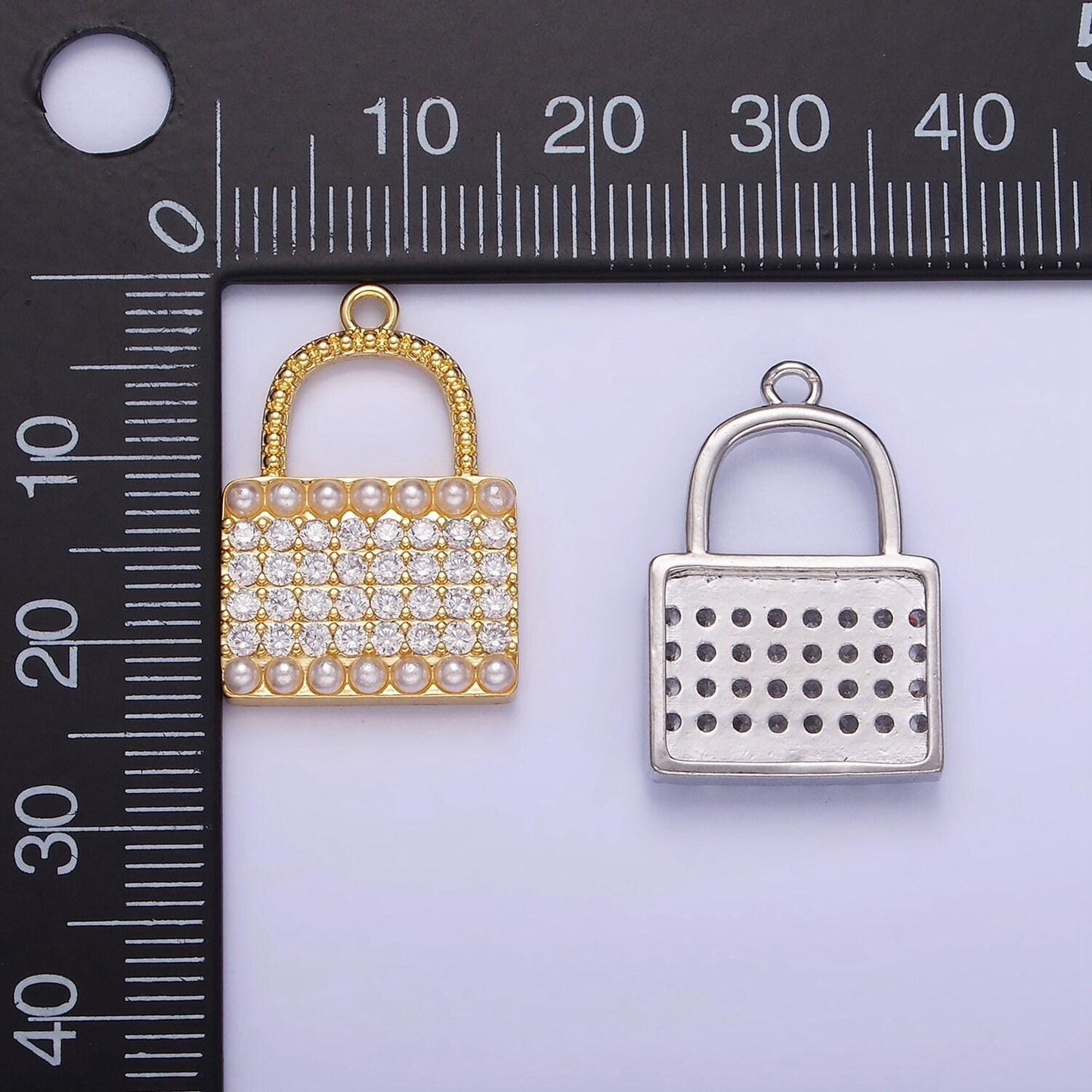 14k gold filled micro paved cz pearl lined padlock charm in gold & silver | ag-691