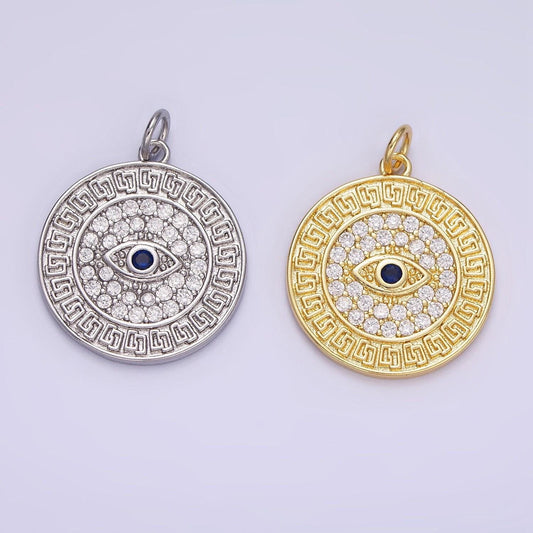 14k gold filled 23mm blue evil eye micro paved cz round charm in gold & silver | ag649