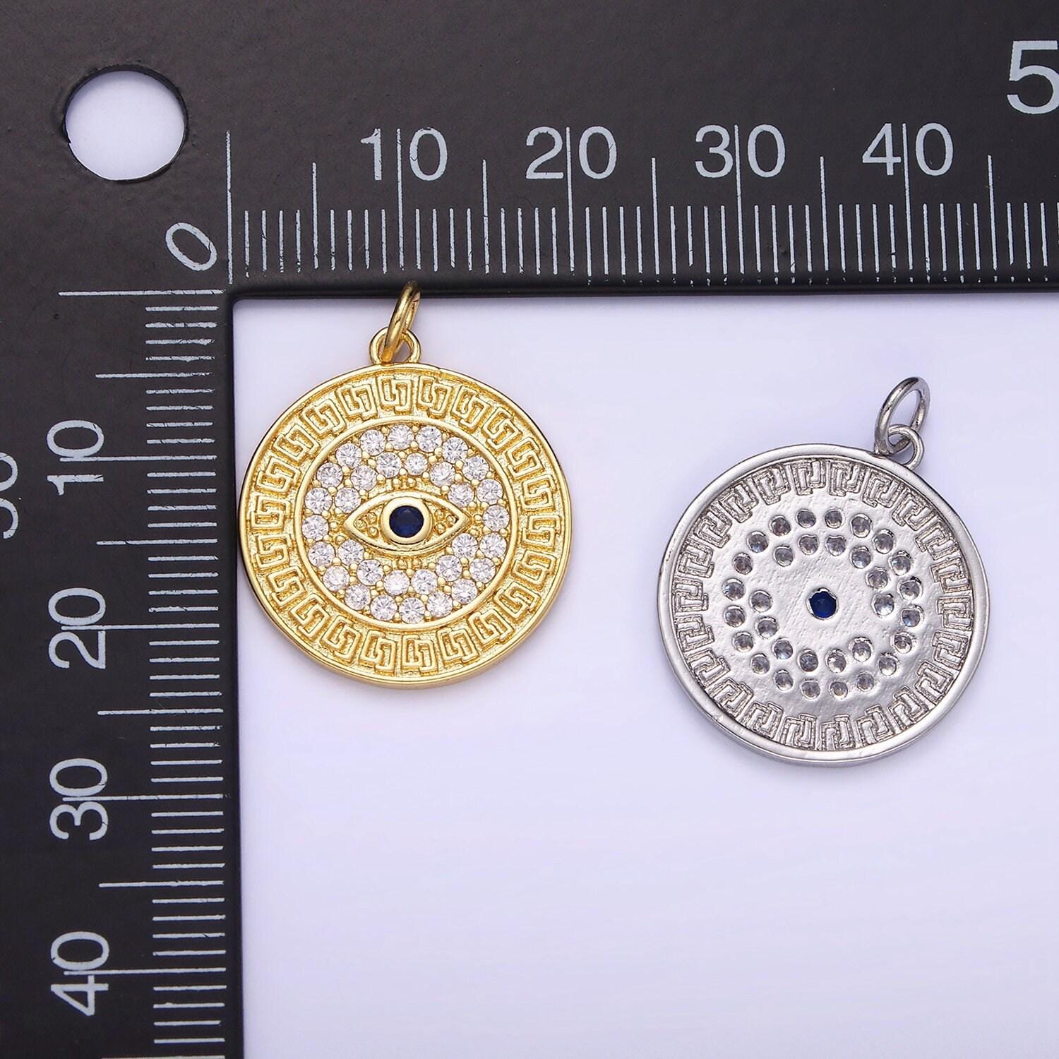 14k gold filled 23mm blue evil eye micro paved cz round charm in gold & silver | ag649