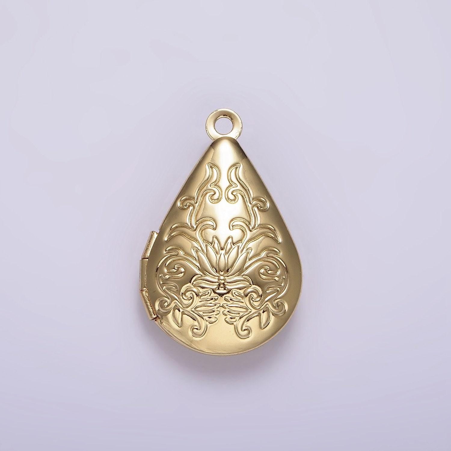 14k gold filled flower vine leaf teardrop dome minimalist locket charm | AA1328