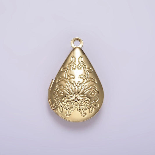 14k gold filled flower vine leaf teardrop dome minimalist locket charm | AA1328