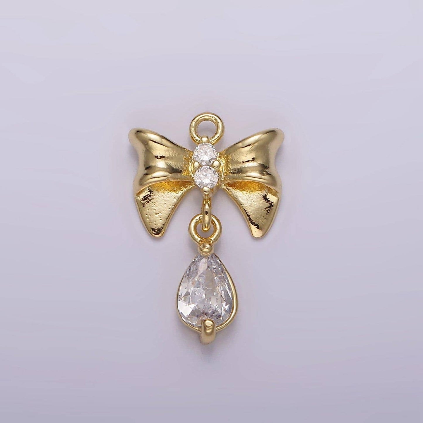 Mini 14k gold filled ribbon bow charm with tear drop micro paved cz charm for earring necklace bralcet component | ag615