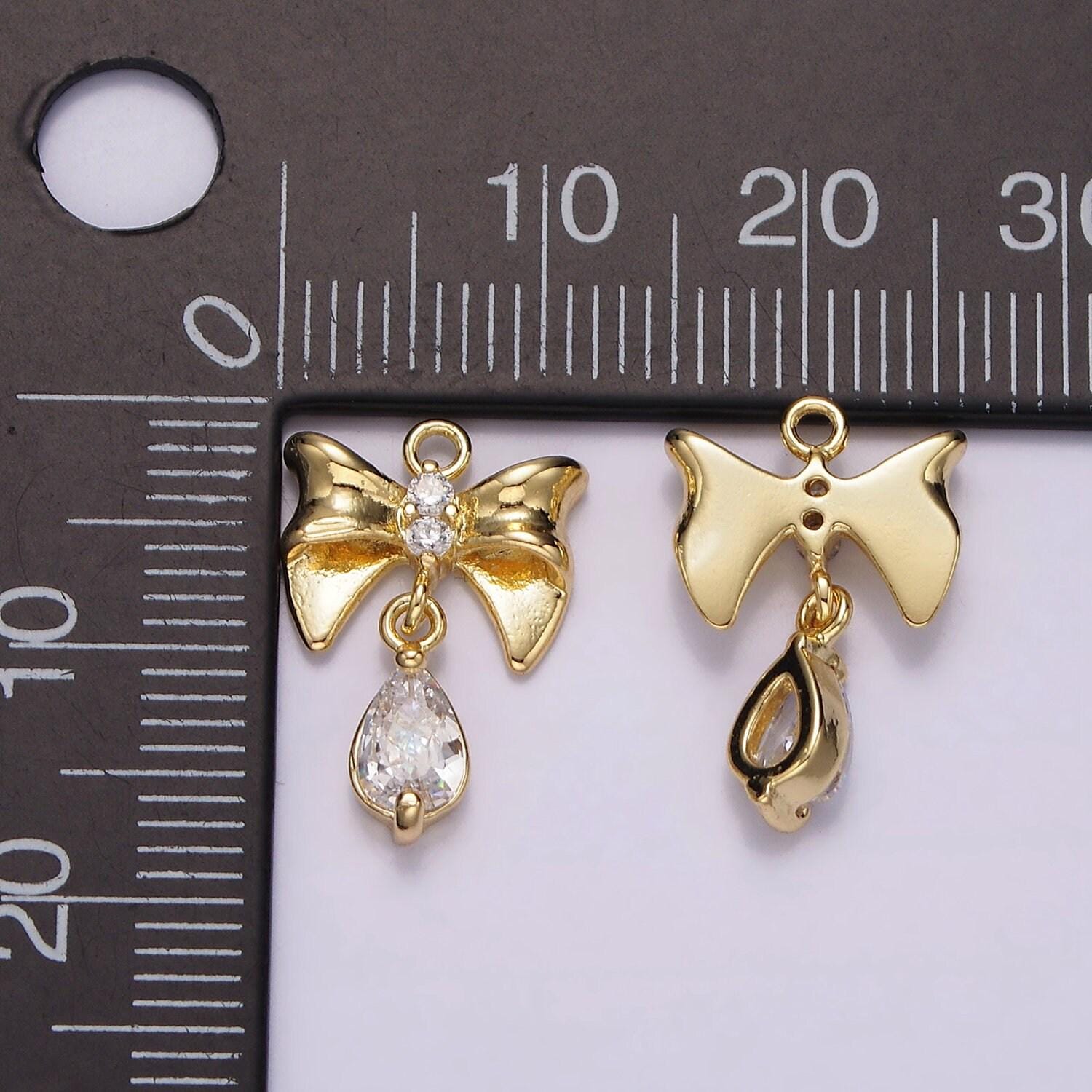 Mini 14k gold filled ribbon bow charm with tear drop micro paved cz charm for earring necklace bralcet component | ag615