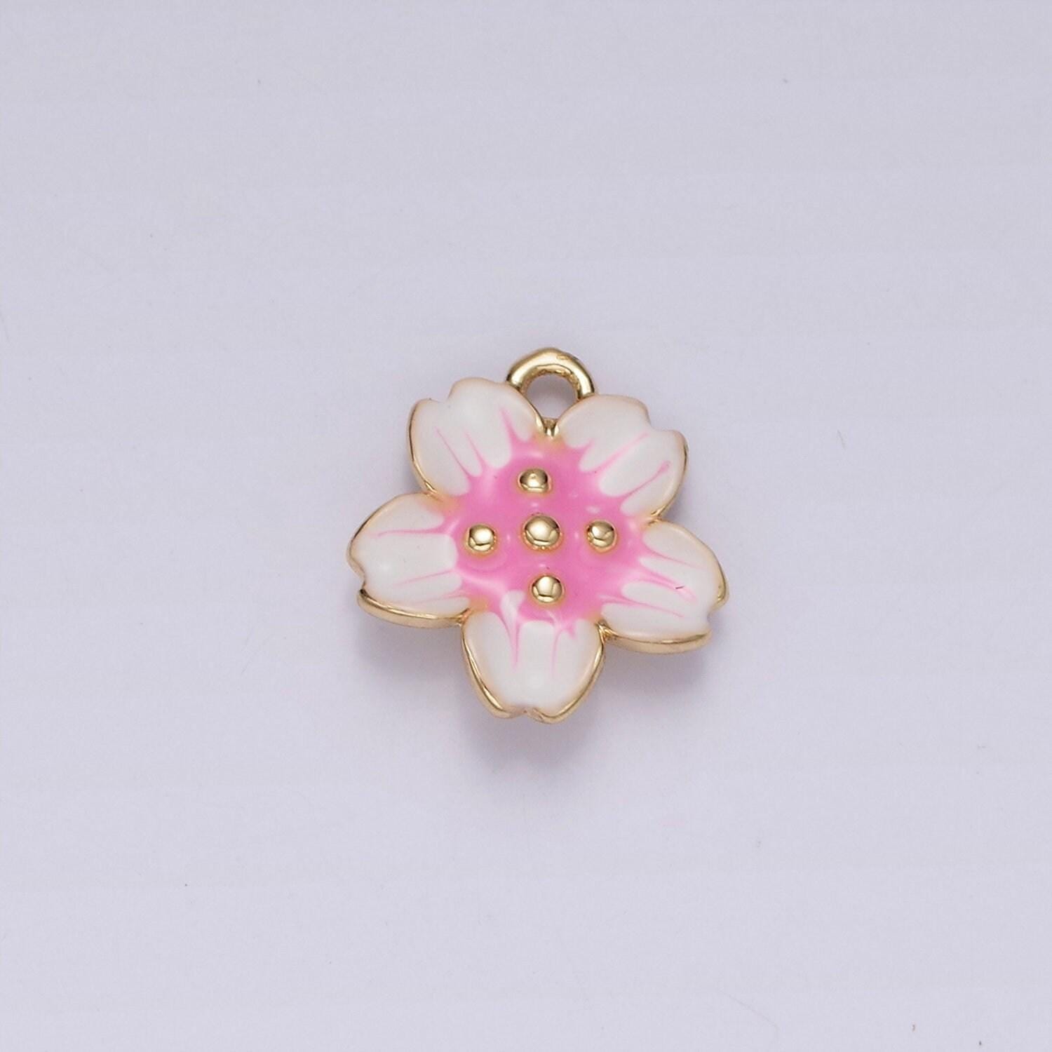 14k gold filled pink white dotted sakura flower petal puffed mini charm | ag611