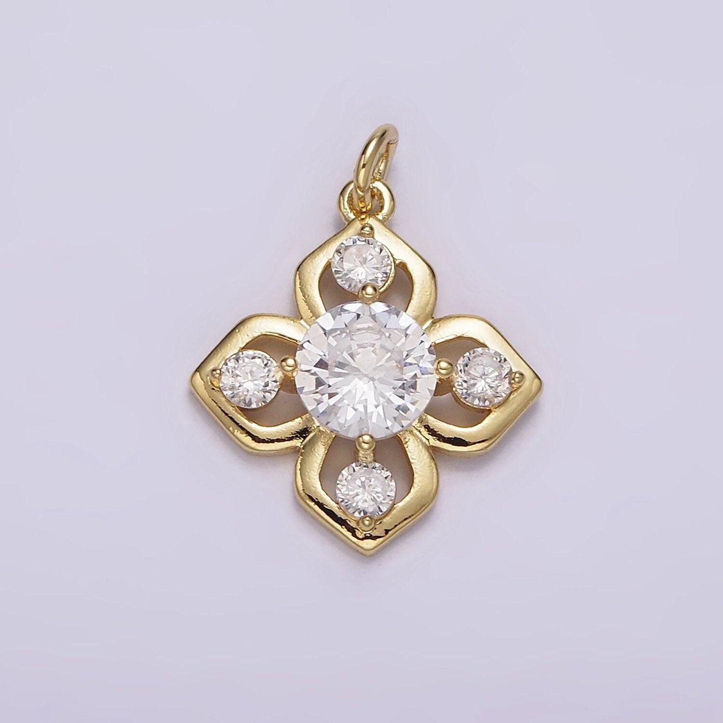 Gold flower clear cz antique artisan quatrefoil clover charm pendant floral charm | ag599