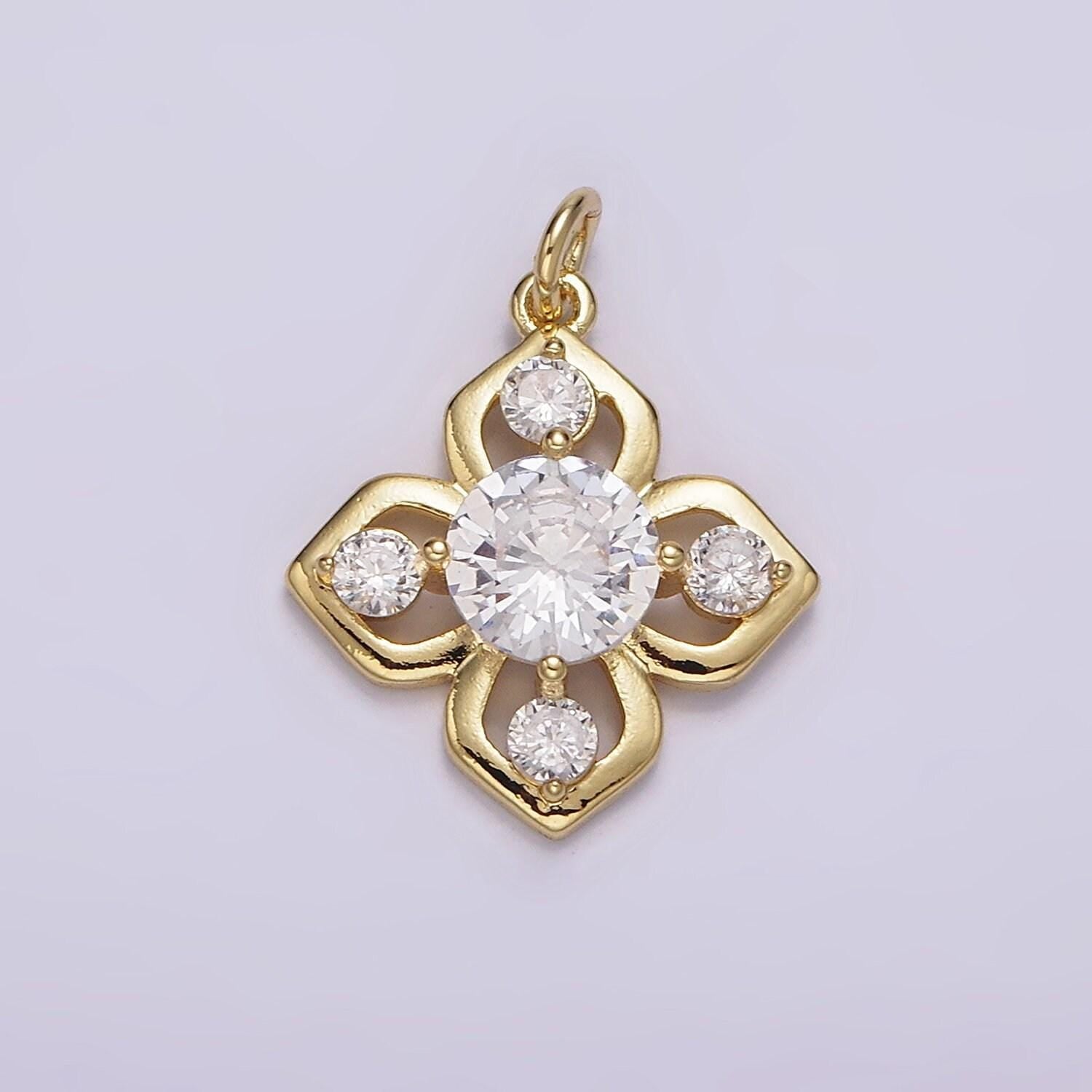 Gold flower clear cz antique artisan quatrefoil clover charm pendant floral charm | ag599