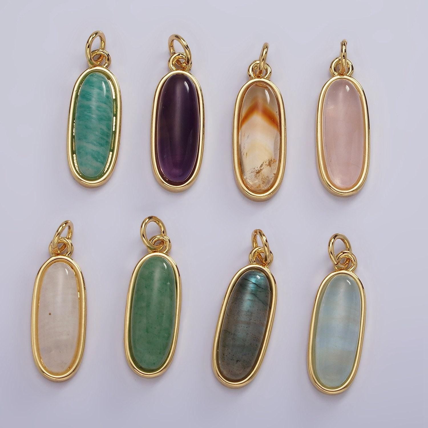 Long oval dainty gemstone drop charm gold rim bezel semi precious gemstone pendant for necklace bracelet earring component ag574