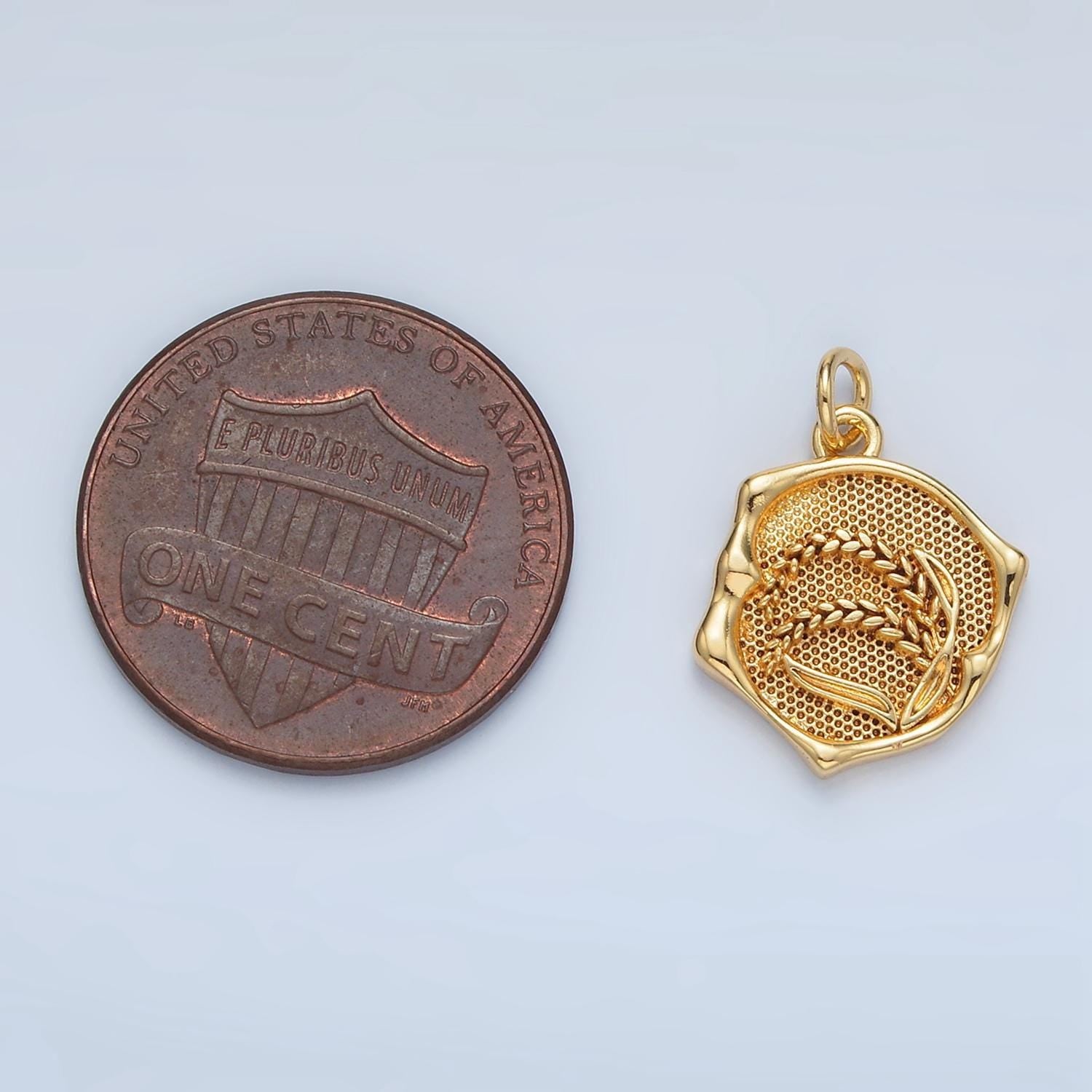 Wheat charm gold filled over brass dainty crops rice harvest vegan medallion charm round rustic pendant for minimalist jewelry supply ag565