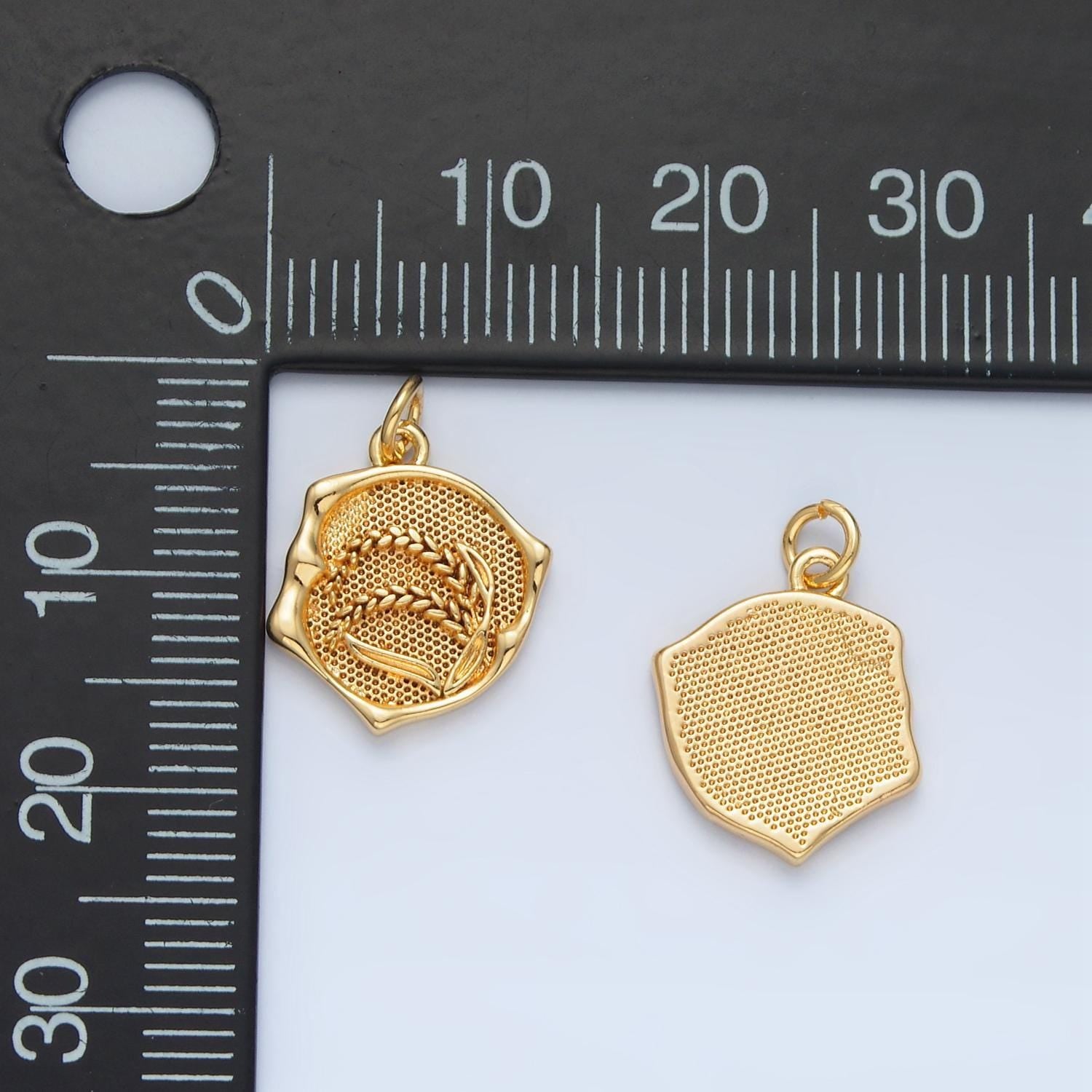 Wheat charm gold filled over brass dainty crops rice harvest vegan medallion charm round rustic pendant for minimalist jewelry supply ag565