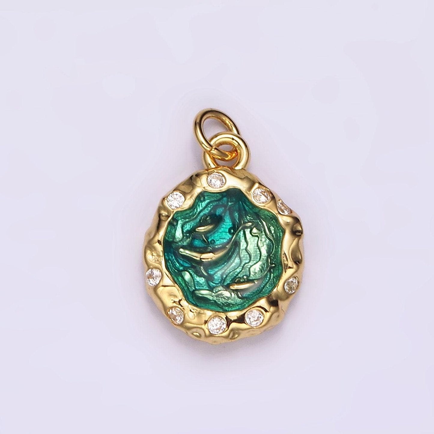 14k gold filled teal sea ocean triple fish whale dolphin cz hammered charm in gold & silver | ag564