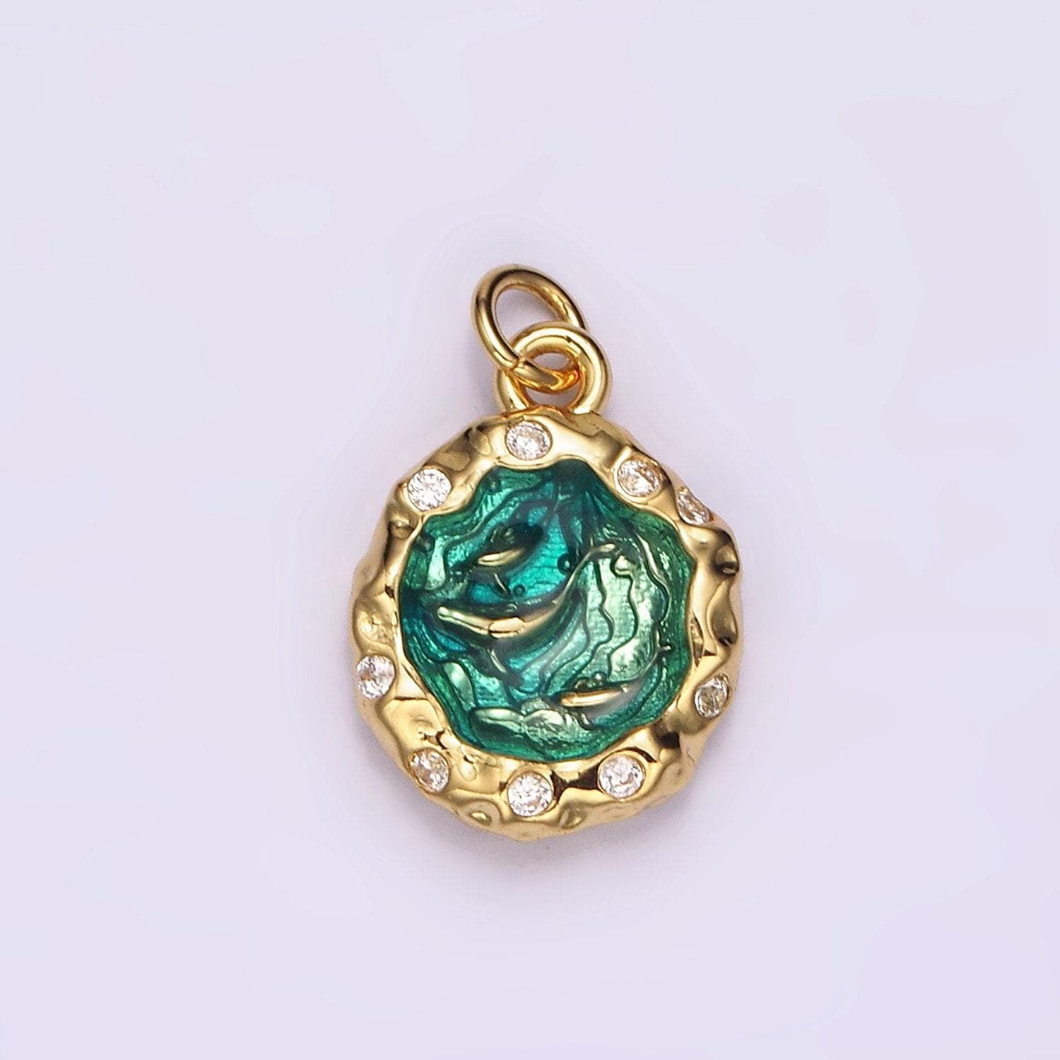 14k gold filled teal sea ocean triple fish whale dolphin cz hammered charm in gold & silver | ag564