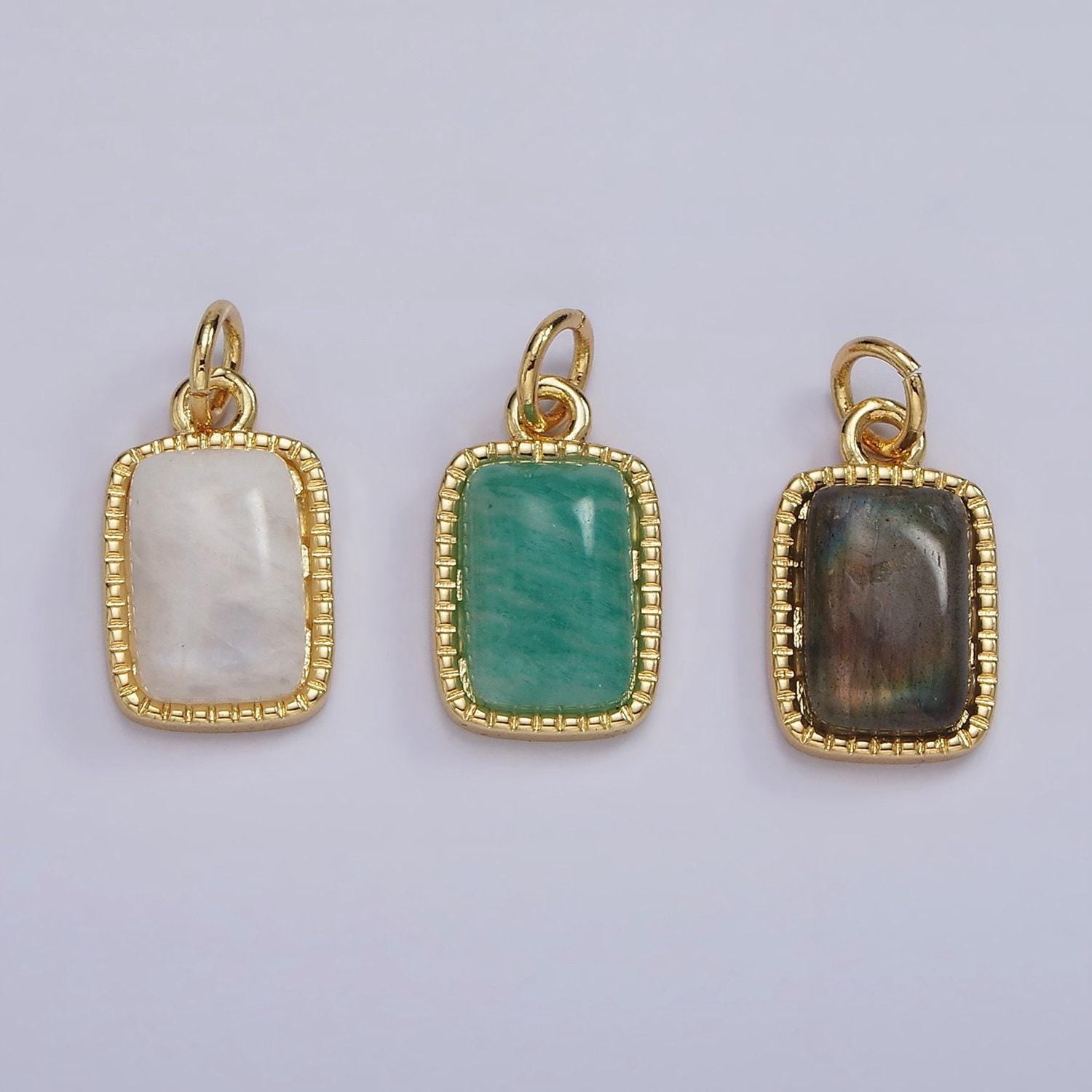 4k gold filled amazonite, moonstone, labradorite dotted bezel rectangular charm | ag537 - ag539